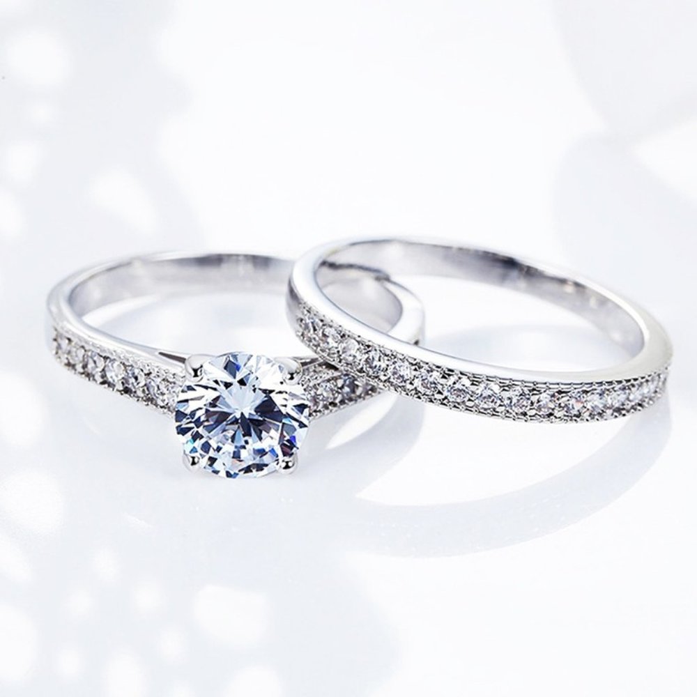 🔥925 Silver Plated 2 PCs CZ Lovely Wedding Couple Ring, GPMB1397